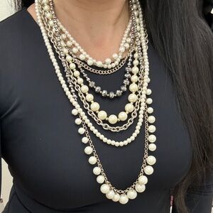 Layered Pearl Statement Necklace - Ivory Pearls with Silver Chains